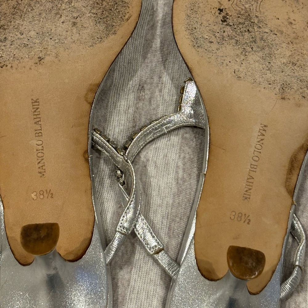 Silver Manolo Blahnik Crystal Embellished T-Strap Sandal With A Kitten Heel - Picture 10 of 10